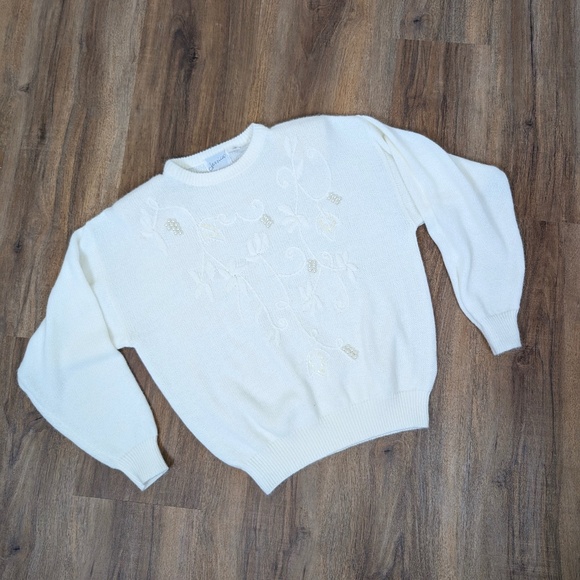 90s Knit Sweater Embroidered Sequins Embellished Crewneck Long Sleeve - Picture 3 of 9